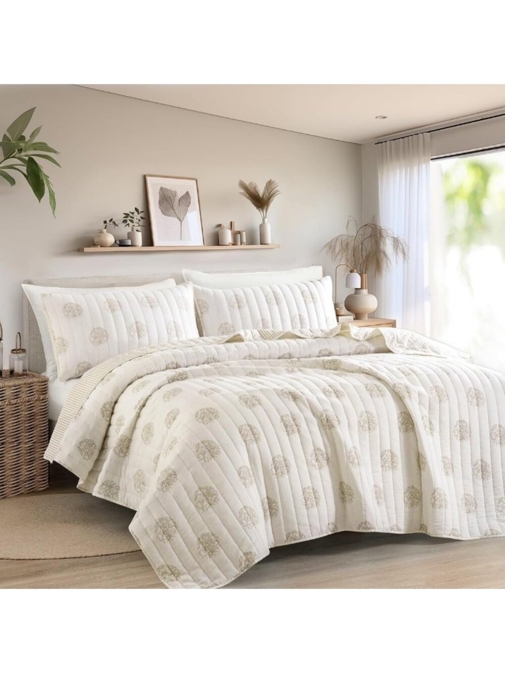 Cozy Floral Cotton Gauze Quilt Set - Queen Size, Reversible Bedding with Shams